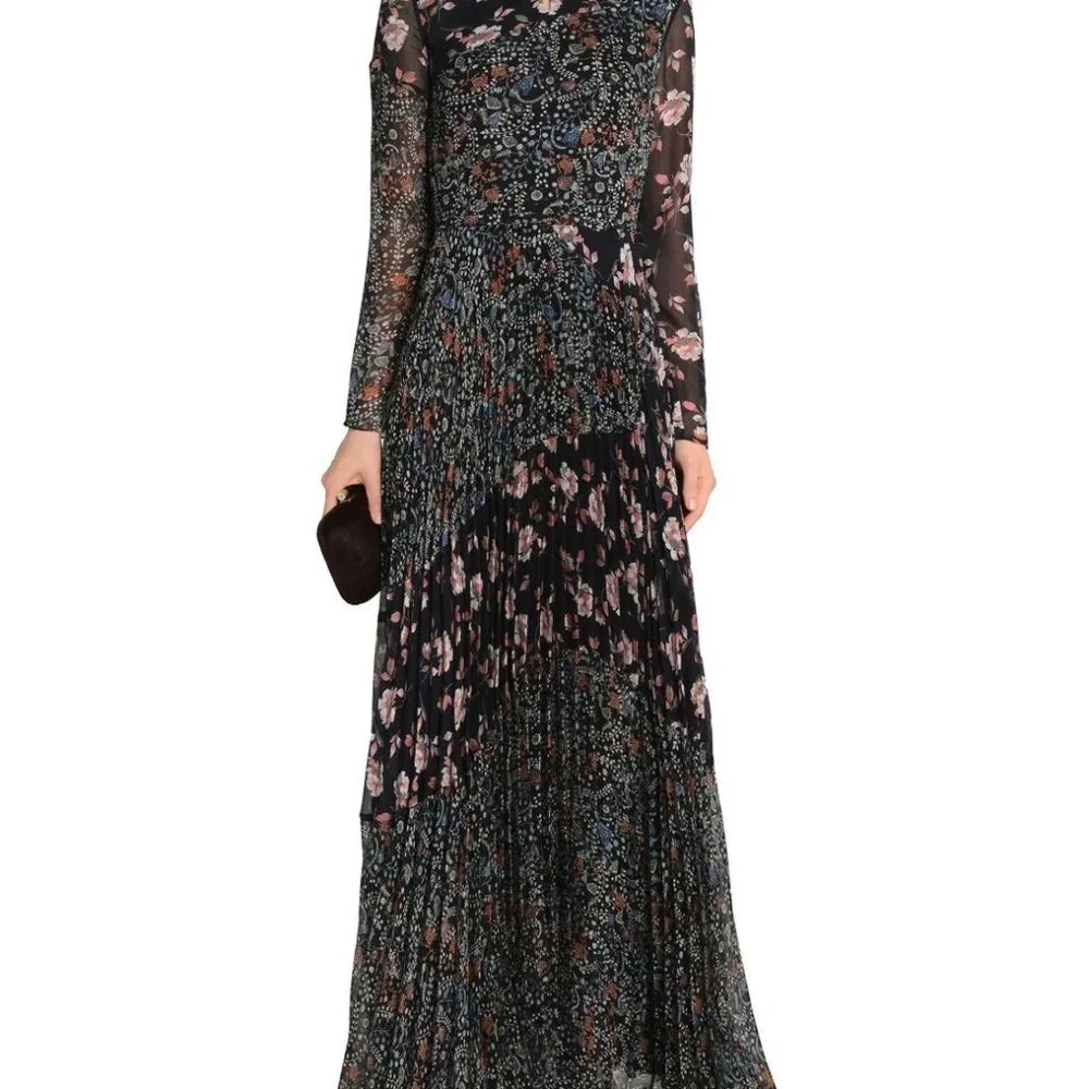 Mikael Aghal Pleated Floral-Print Crinkled Georgette Gown Midnight Blue Size 10 - Picture 2 of 7